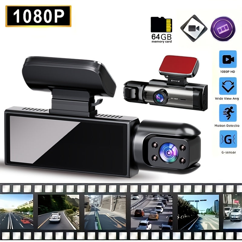 Câmera de painel HD com câmera dupla, lente grande angular, visão noturna e gravação em loop - Fit Car DVR com cartão de memória de 64 GB