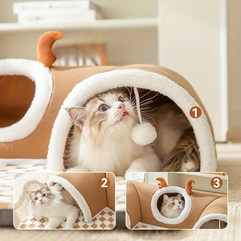 Cama para Gato - Túnel de gato de rena xadrez aconchegante para temporada de férias - Cama interativa para animais de estimação em forma de urso para brincar e dormir para gatos, cama pet e túnel para gatos.