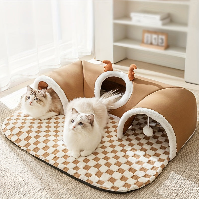 Cama para Gato - Túnel de gato de rena xadrez aconchegante para temporada de férias - Cama interativa para animais de estimação em forma de urso para brincar e dormir para gatos, cama pet e túnel para gatos.