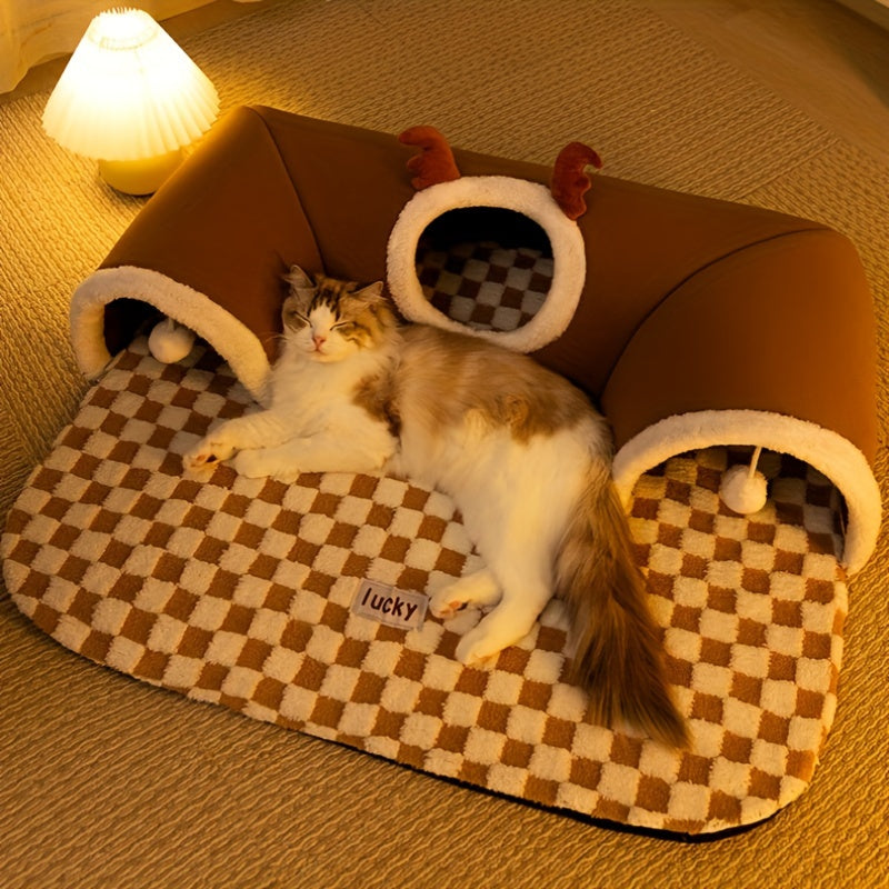 Cama para Gato - Túnel de gato de rena xadrez aconchegante para temporada de férias - Cama interativa para animais de estimação em forma de urso para brincar e dormir para gatos, cama pet e túnel para gatos.