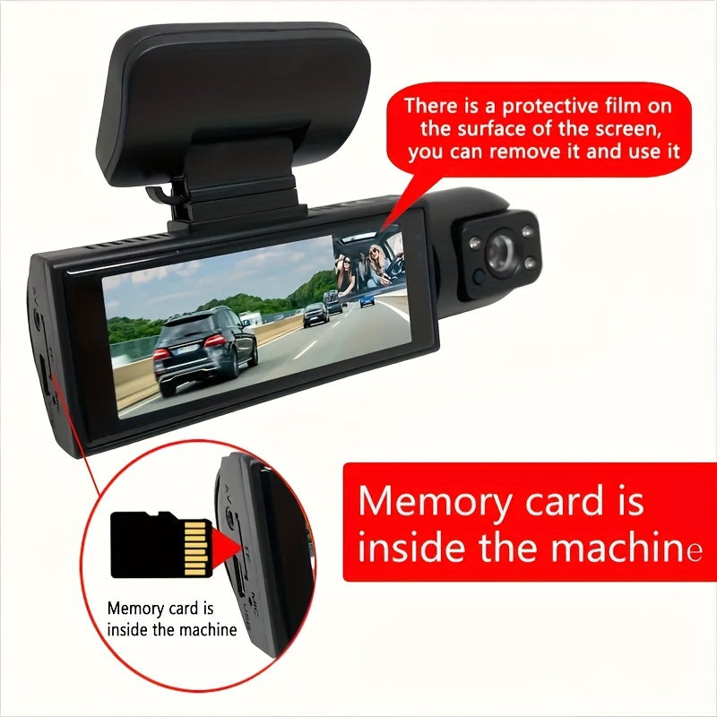 Câmera de painel HD com câmera dupla, lente grande angular, visão noturna e gravação em loop - Fit Car DVR com cartão de memória de 64 GB