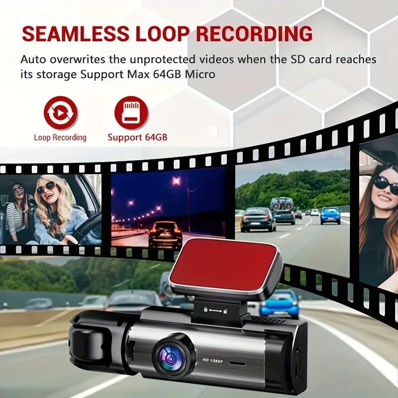 Câmera de painel HD com câmera dupla, lente grande angular, visão noturna e gravação em loop - Fit Car DVR com cartão de memória de 64 GB