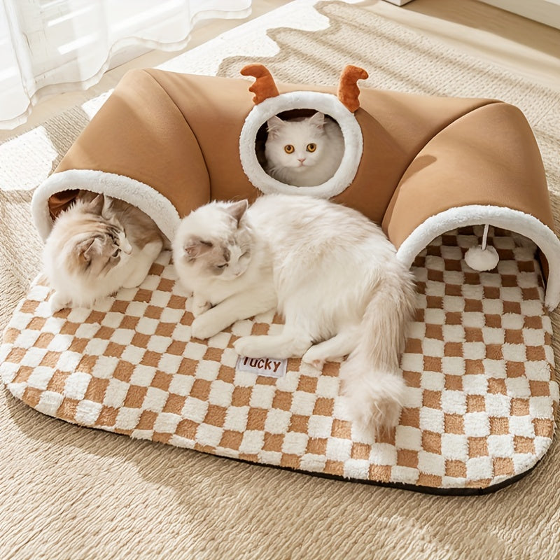 Cama para Gato - Túnel de gato de rena xadrez aconchegante para temporada de férias - Cama interativa para animais de estimação em forma de urso para brincar e dormir para gatos, cama pet e túnel para gatos.