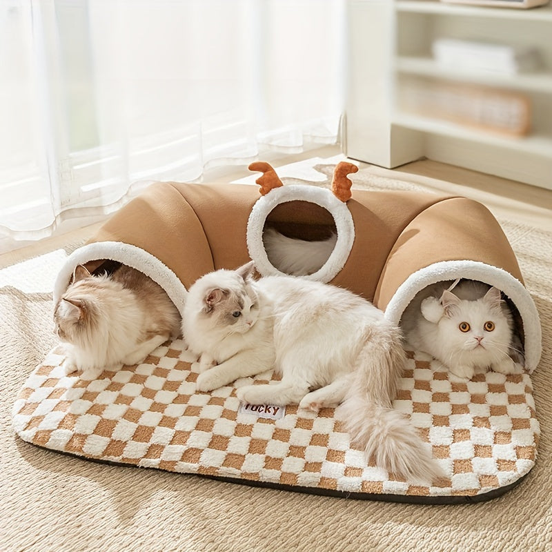 Cama para Gato - Túnel de gato de rena xadrez aconchegante para temporada de férias - Cama interativa para animais de estimação em forma de urso para brincar e dormir para gatos, cama pet e túnel para gatos.