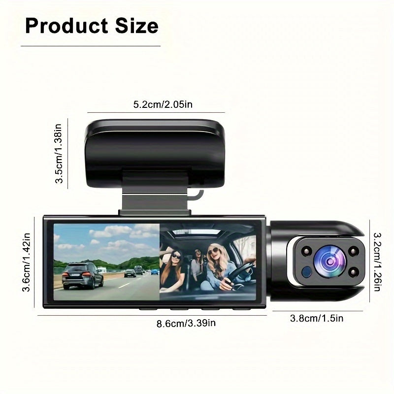 Câmera de painel HD com câmera dupla, lente grande angular, visão noturna e gravação em loop - Fit Car DVR com cartão de memória de 64 GB