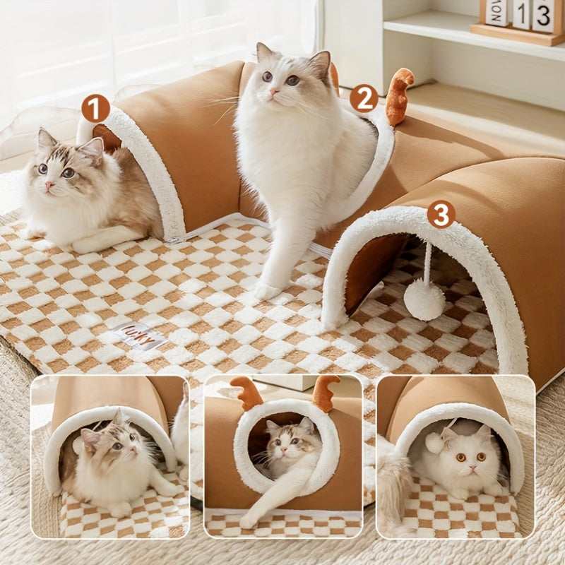 Cama para Gato - Túnel de gato de rena xadrez aconchegante para temporada de férias - Cama interativa para animais de estimação em forma de urso para brincar e dormir para gatos, cama pet e túnel para gatos.