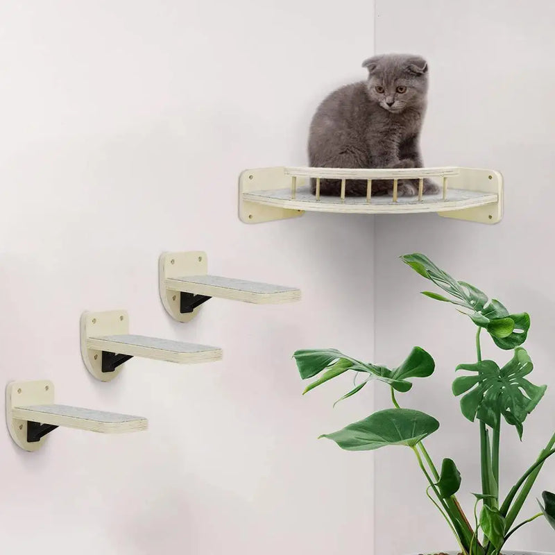 4 peças de prateleiras de escalada para gatos montadas na parede, conjunto de plataforma de madeira, canto da parede com plataforma de salto pequena para gatos, gatinho brincando