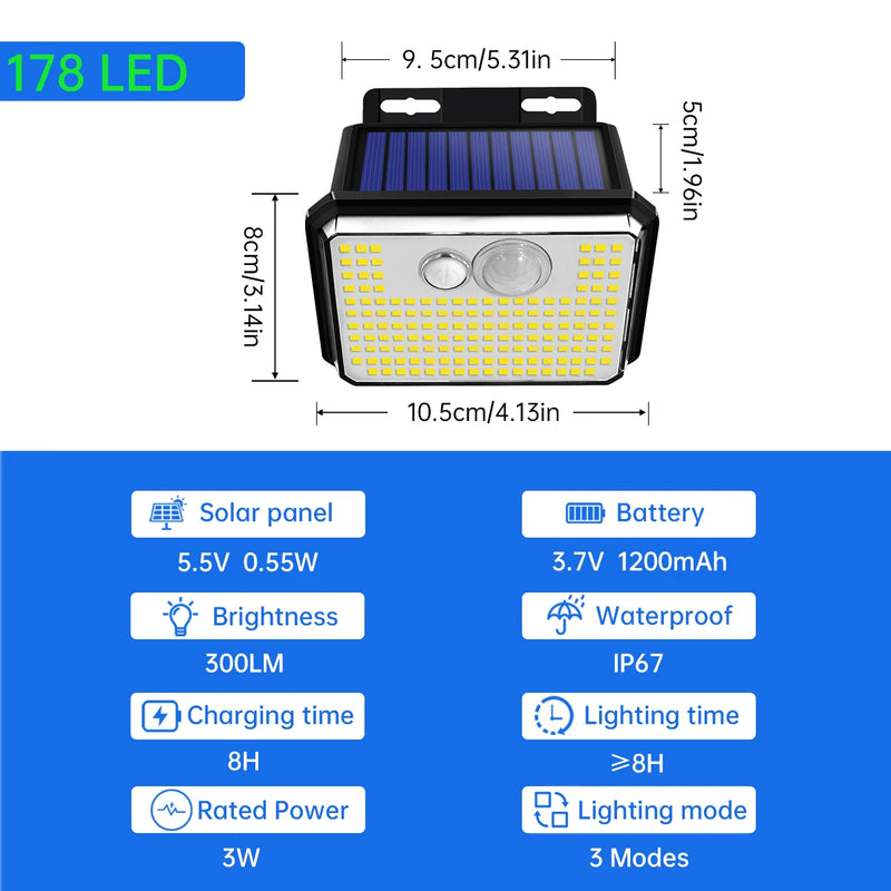 Iluminaria Externa Solar à prova d'água solar luzes de jardim ao ar livre super brilhante 178 LEDs sensor de movimento luz de parede lâmpada de segurança alimentada por energia solar 3 modos