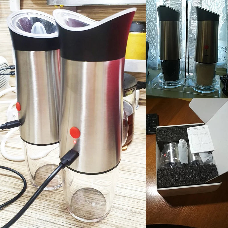 Conjunto de moedor de sal e pimenta com carregamento USB, operação por gravidade, moinho de temperos, agitador, grossura ajustável, aço inoxidável