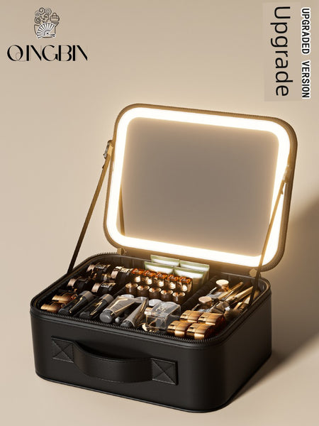 Bolsa de cosméticos de viagem com espelho e LED elegante, bolsa de maquiagem portátil de grande capacidade para mulheres, bolsa de beleza com divisória