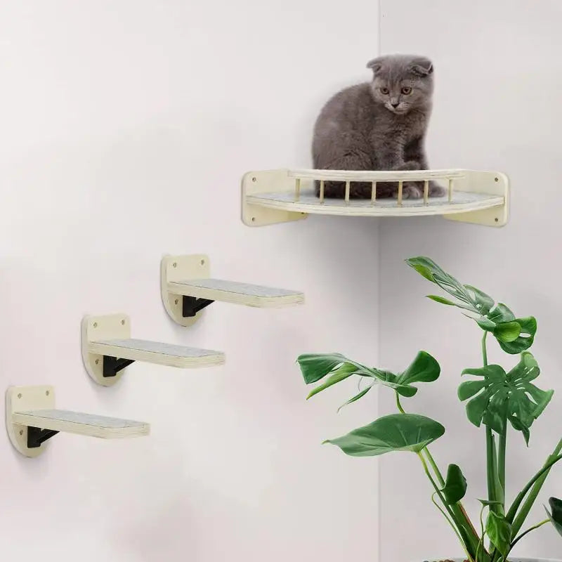 4 peças de prateleiras de escalada para gatos montadas na parede, conjunto de plataforma de madeira, canto da parede com plataforma de salto pequena para gatos, gatinho brincando